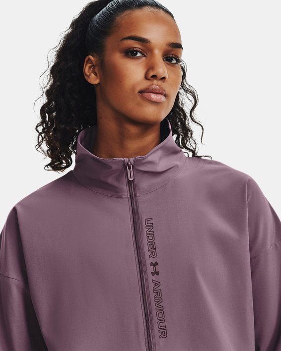 Women's UA Woven Oversized Full-Zip Jacket, Purple, pdpMainDesktop image number 3